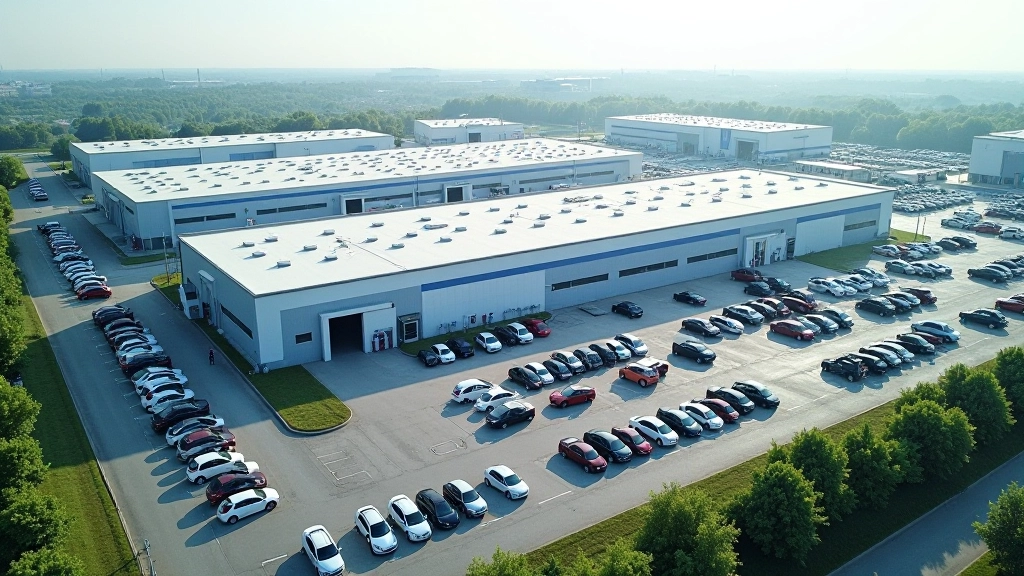 Luftaufnahme einer großen Automobilfabrik mit mehreren Produktionshallen und Parkplätzen mit Elektrofahrzeugen