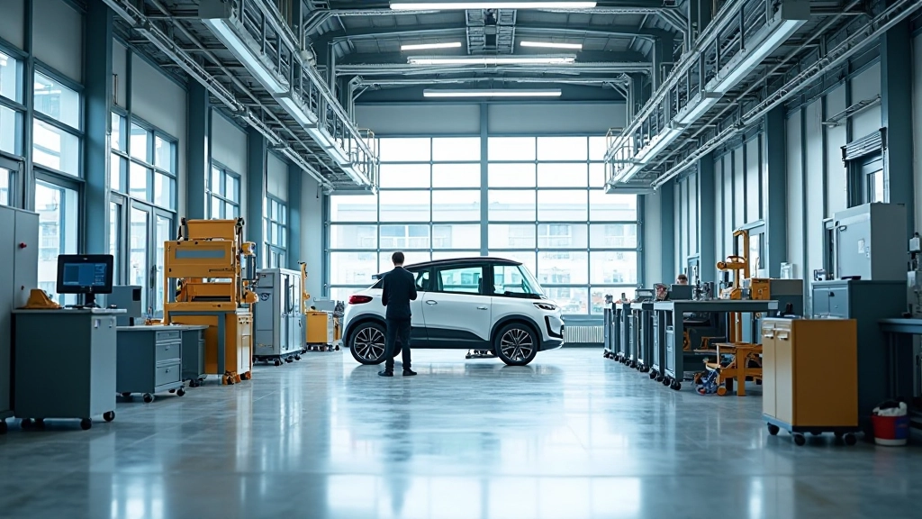 Fabrikhalle während Renovierung mit Baustelle und neuen Produktionsanlagen für Elektrofahrzeuge