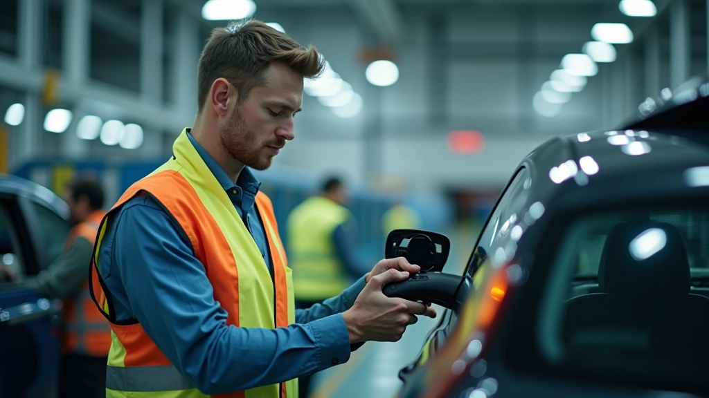 Arbeiter in einer Fabrik überprüft Elektrokomponenten für Fahrzeuge mit modernen Prüfgeräten und Qualitätskontrollausrüstung