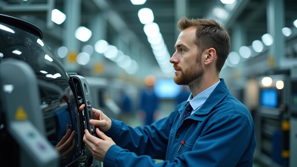 Arbeiterin in einer Automobilfabrik bedient hochmoderne Fertigungsmaschinen zur E-Auto-Produktion