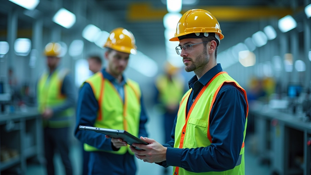 Großansicht einer modernen Elektrofahrzeug-Batterieproduktionslinie mit Robotern und Fachkräften in Schutzkleidung