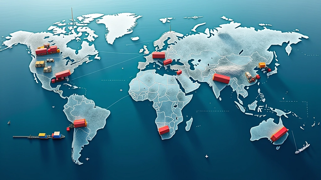 Globale Lieferkette visualisiert mit Karten und logistischen Pfeilen zwischen Kontinenten und Industrien