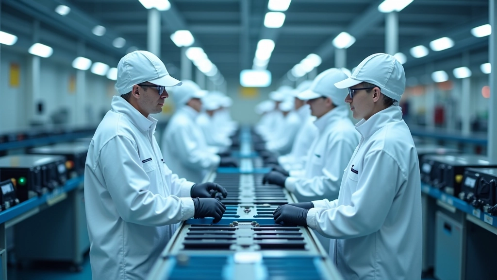 Innenaufnahme einer Batteriefabrik mit automatisierten Fertigungsrobotern und Arbeitern in weißer Schutzkleidung