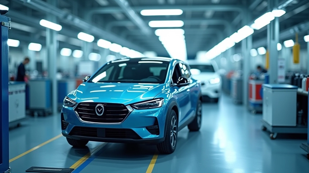 Moderne Elektrofahrzeugfabrik mit Produktionslinie und Batteriebestückung in Deutschland