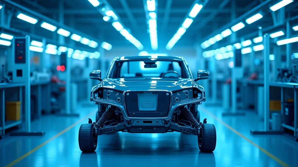 Moderne Elektrofahrzeugfertigung in einer deutschen Automobilfabrik mit fortschrittlicher Robotik-Ausstattung