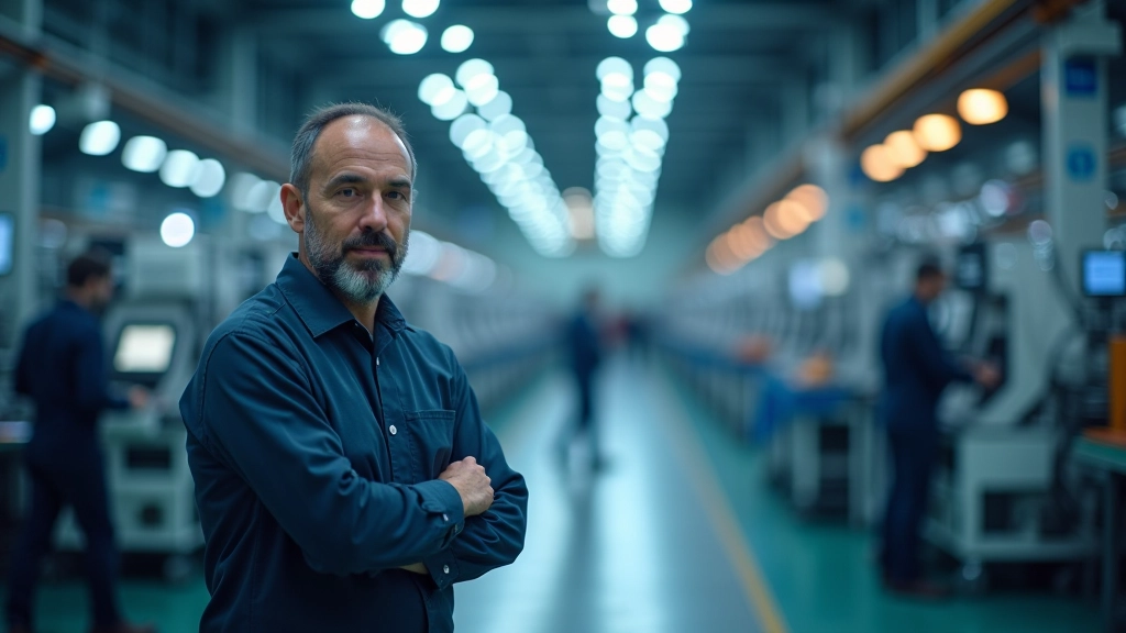 Zukunftsorientierte Fabrik mit Mix aus modernen Robotern und Fachkräften die zusammen an innovativen Fahrzeugkomponenten arbeiten