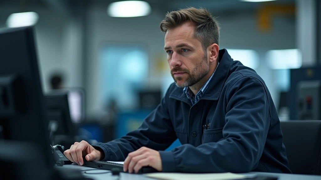 Fachkraft in einer Schulungswerkstatt sitzt vor Elektronik-Trainingsequipment und lernt moderne Steuerungstechnik